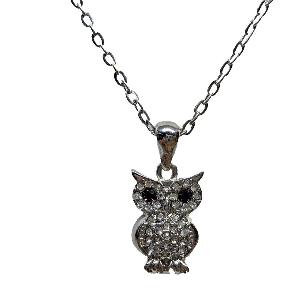 Vintage Y2K Owl Pendant Necklace Silvertone Pave Clear Rhinestones 2000s